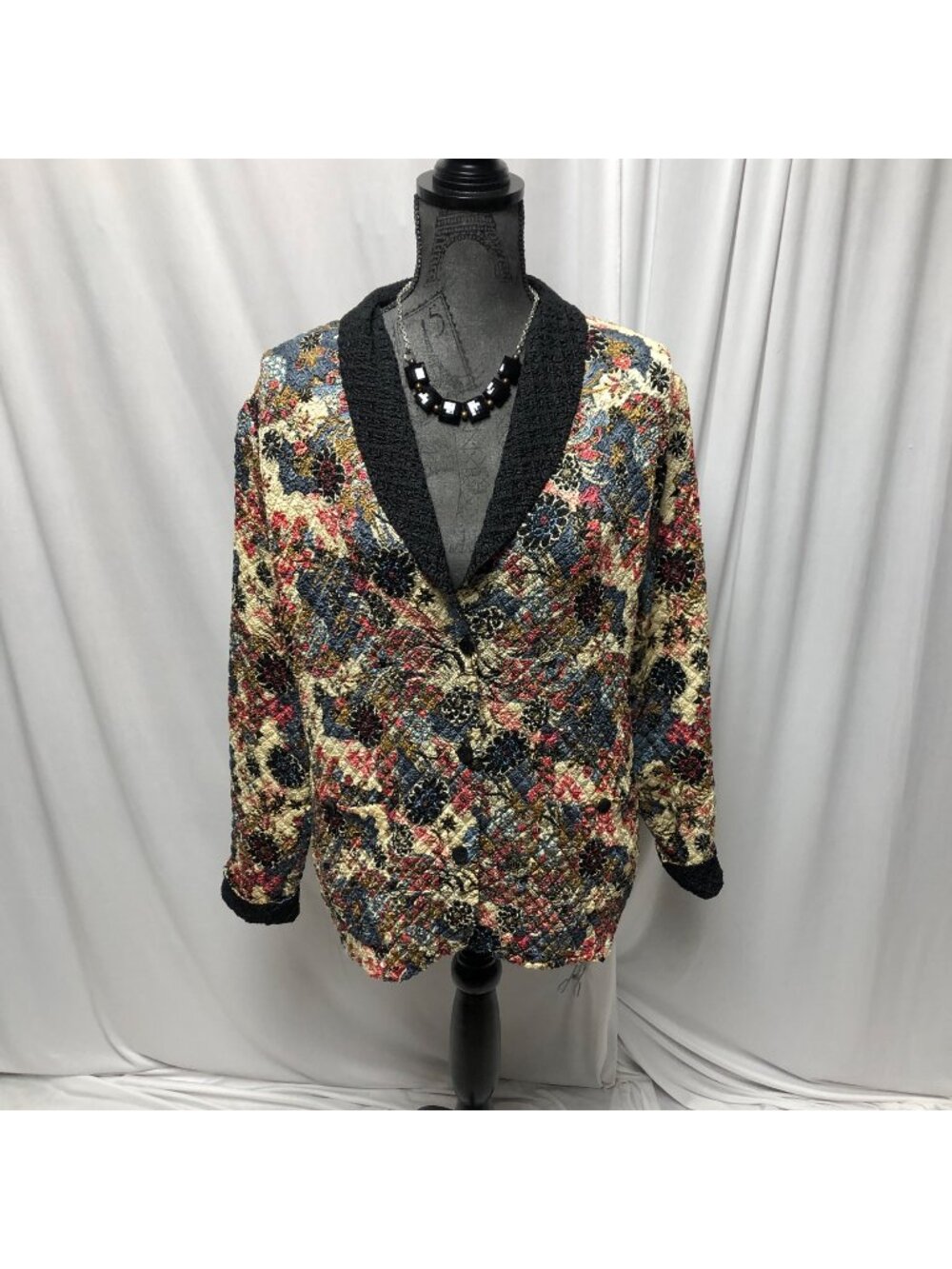 Reversible Floral Black Textured Jacket Womens Sz XL Shawl Collar Classy Blazer